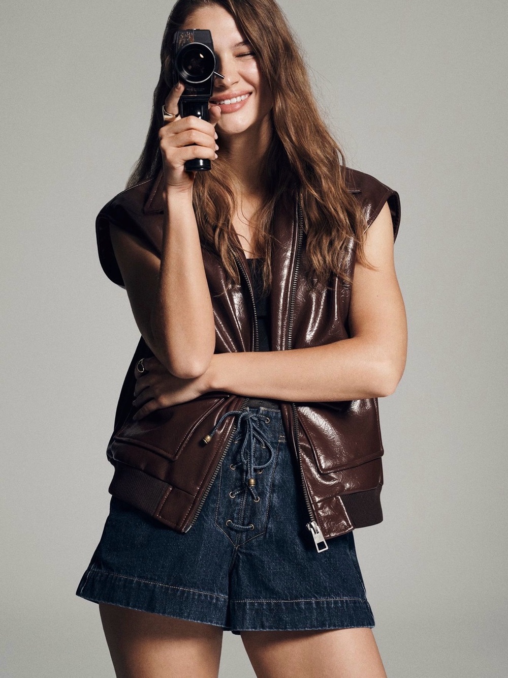 NWT new small Anthropologie Maeve faux Leather Sleeveless Zip Vest Brown pockets